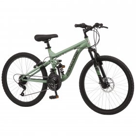 Mongoose Major Mountain Bike, 24-inch wheels, 21 speeds, green, kids, boys, suspension, trail
