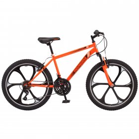 Mongoose Alert Mag Wheel Bike, 21-speed, 24-inch wheels, suspension fork, linear pull brakes, ages 8 and up, Orange, boys sizes