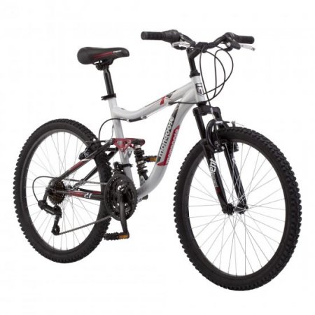 Mongoose Ledge 2.1 Mountain Bike, 24-inch wheels, 21 speeds, boys frame, Silver/Red