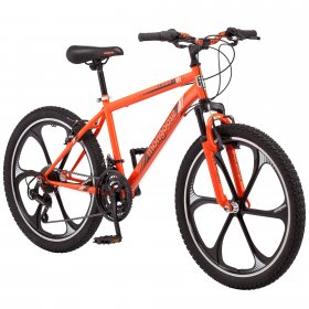 Mongoose Alert Mag Wheel Bike, 21-speed, 24-inch wheels, suspension fork, linear pull brakes, ages 8 and up, Orange, boys sizes